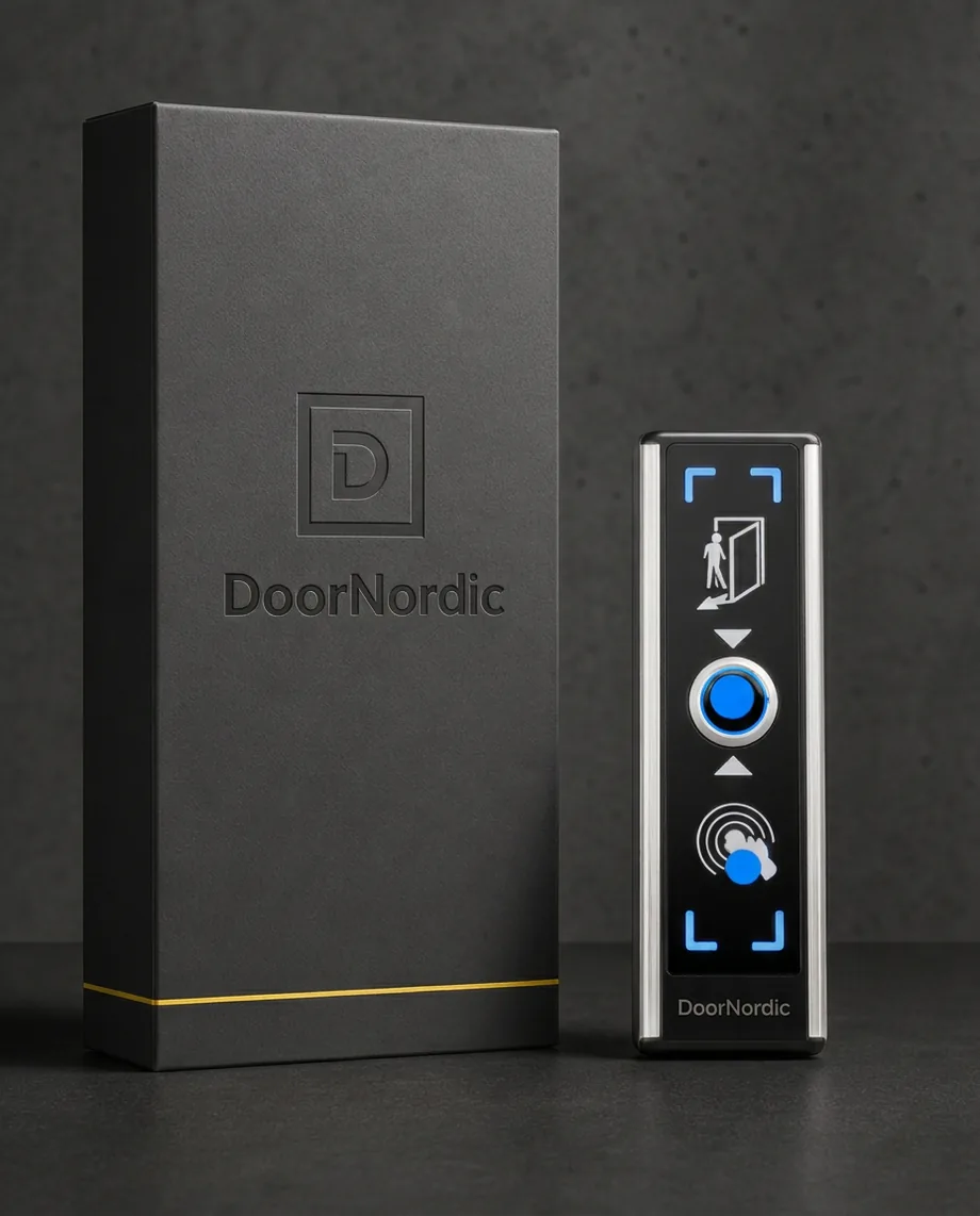 Mörk förpackning med DoorNordic på framsidan, bredvid passerläsaren som också bär namnet på nederkanten.